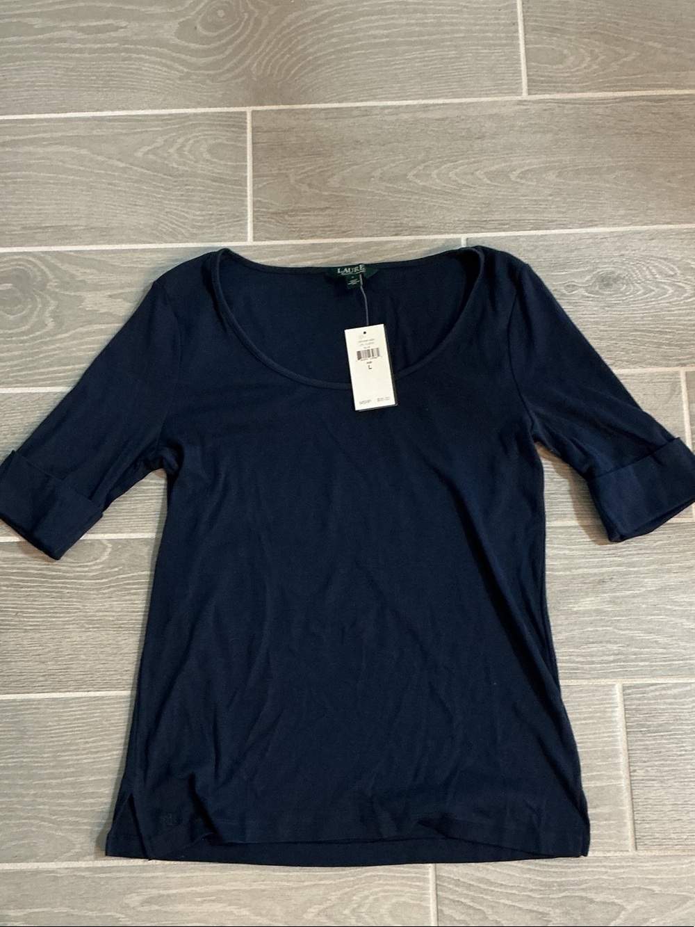 Lauren Ralph Lauren Navy Scoop Neck Short Cuffed Sleeve Top Sz Large NWT